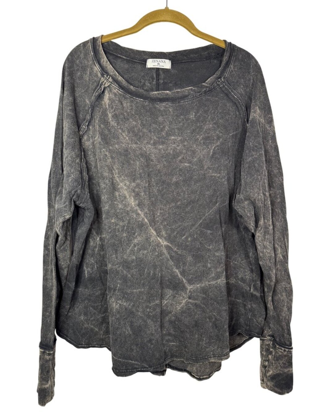 Zenana XL Mens Black Acid Wash Long Sleeve Top Raw Hem Relaxed Fit Grungecore